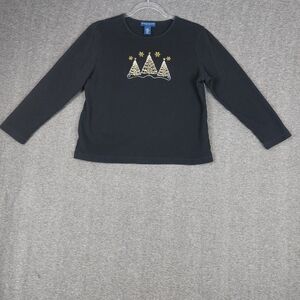 KAREN SCOTT PETITES BLACK GOLD CHRISTMAS TREE HOLIDAY LONG SLEEVE TSHIRT SZ PL